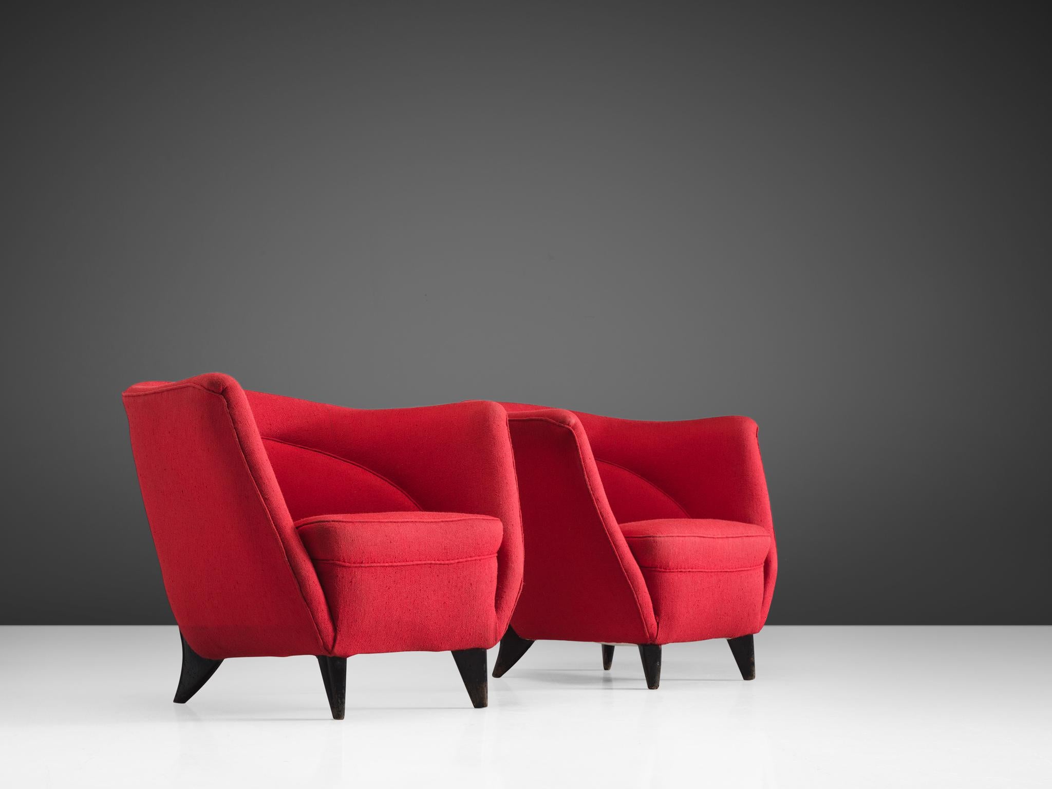 Italian Guglielmo Veronesi Pair of Easy Chairs in Red Teddy Upholstery
