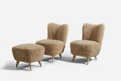 Guglielmo Veronesi, Rare chaise à pantoufles "Perla", Shearling et Wood Italie, années 1950