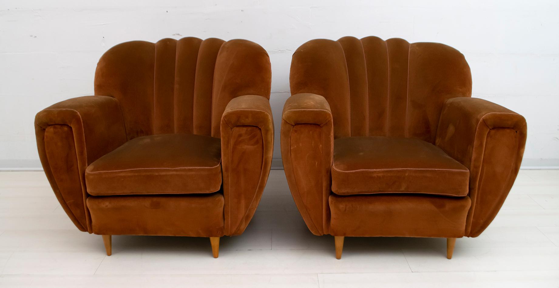 Guglielmo Ulrich Art Deco Italian Velvet Curved Sofa and Two Armchairs, 1940s 1