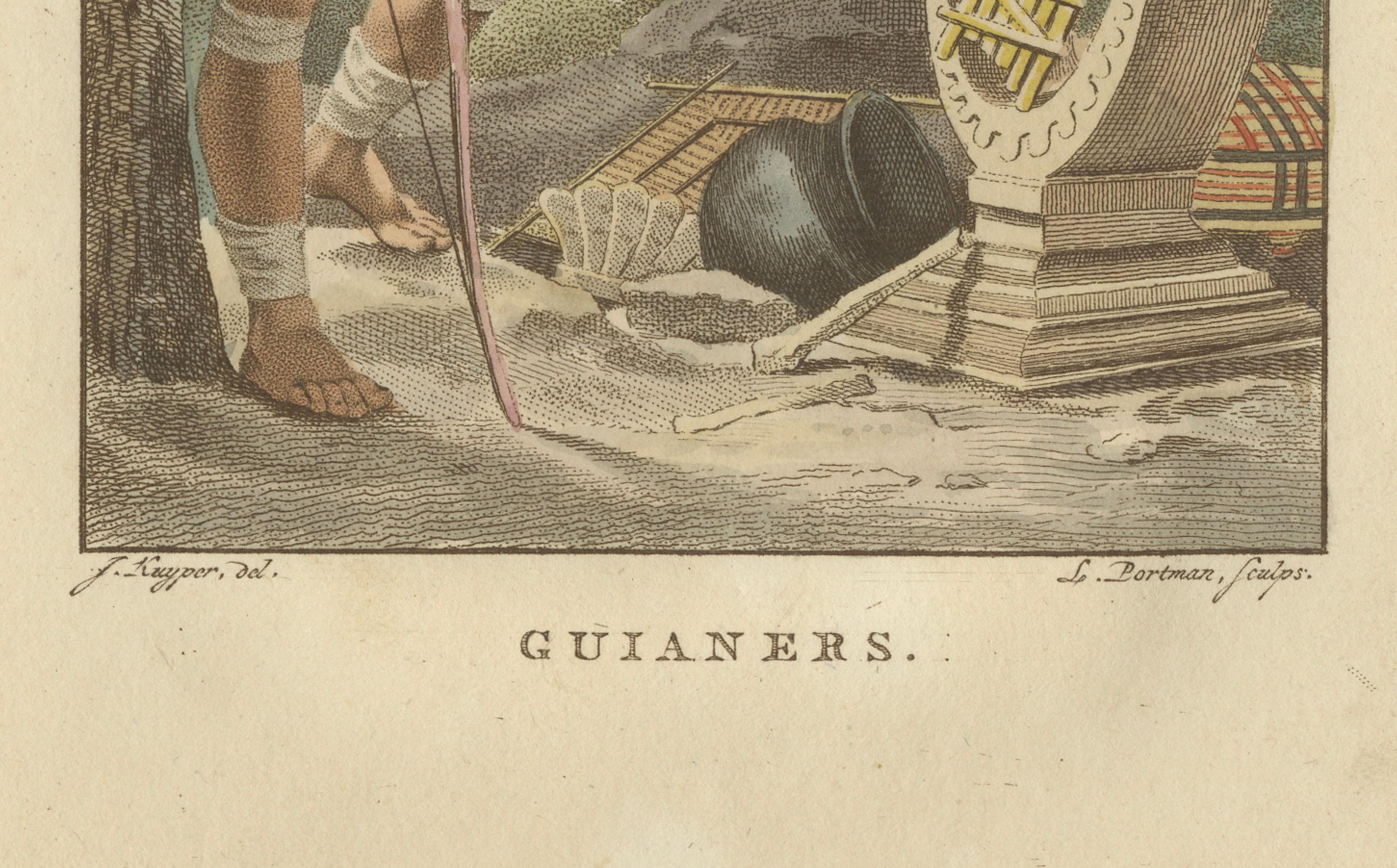 Eingeborenes Volk von Guayana - Antiker handkolorierter ethnografischer Druck um 1805

Ein beeindruckender und wunderschön handkolorierter ethnografischer Druck mit dem Titel 