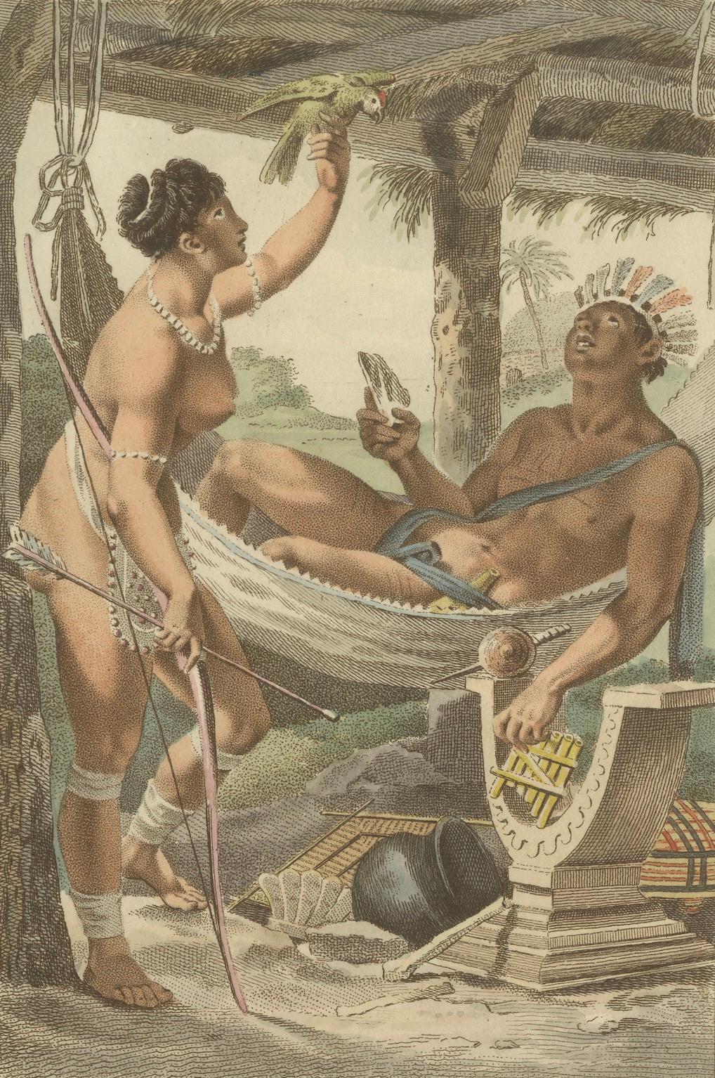 Eingeborenes Volk von Guayana - Antiker handkolorierter ethnografischer Druck um 1805 im Zustand „Gut“ im Angebot in Langweer, NL