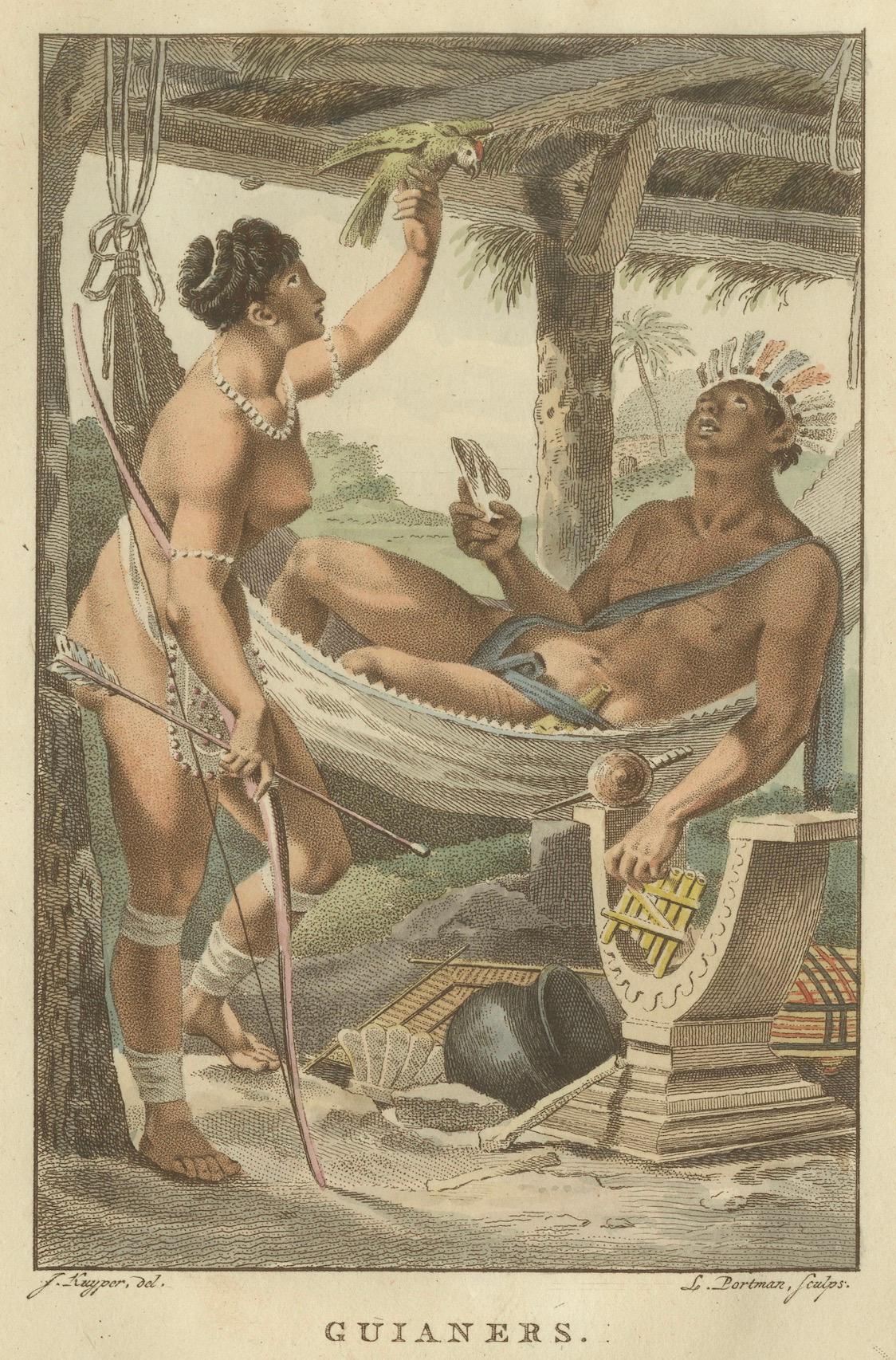 Eingeborenes Volk von Guayana - Antiker handkolorierter ethnografischer Druck um 1805 (19. Jahrhundert) im Angebot