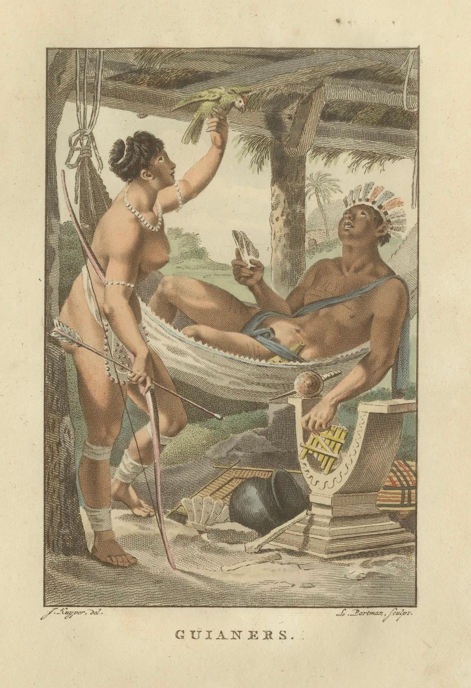 Eingeborenes Volk von Guayana - Antiker handkolorierter ethnografischer Druck um 1805 (Papier) im Angebot