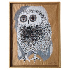 Guidette Carbonell "Owl" Framed Acrylic Paint on Kraft Paper, France, Circa 1981