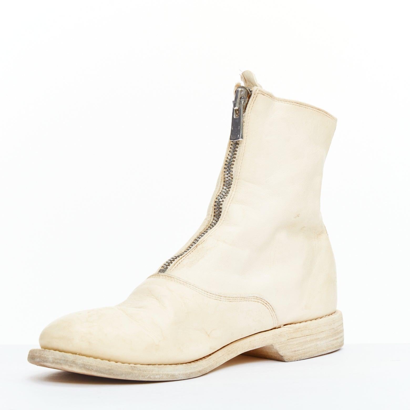 GUIDI Creme Vollnarbenleder Silber Front Zip Kampfstiefel EU39 im Zustand „Relativ gut“ im Angebot in Hong Kong, NT