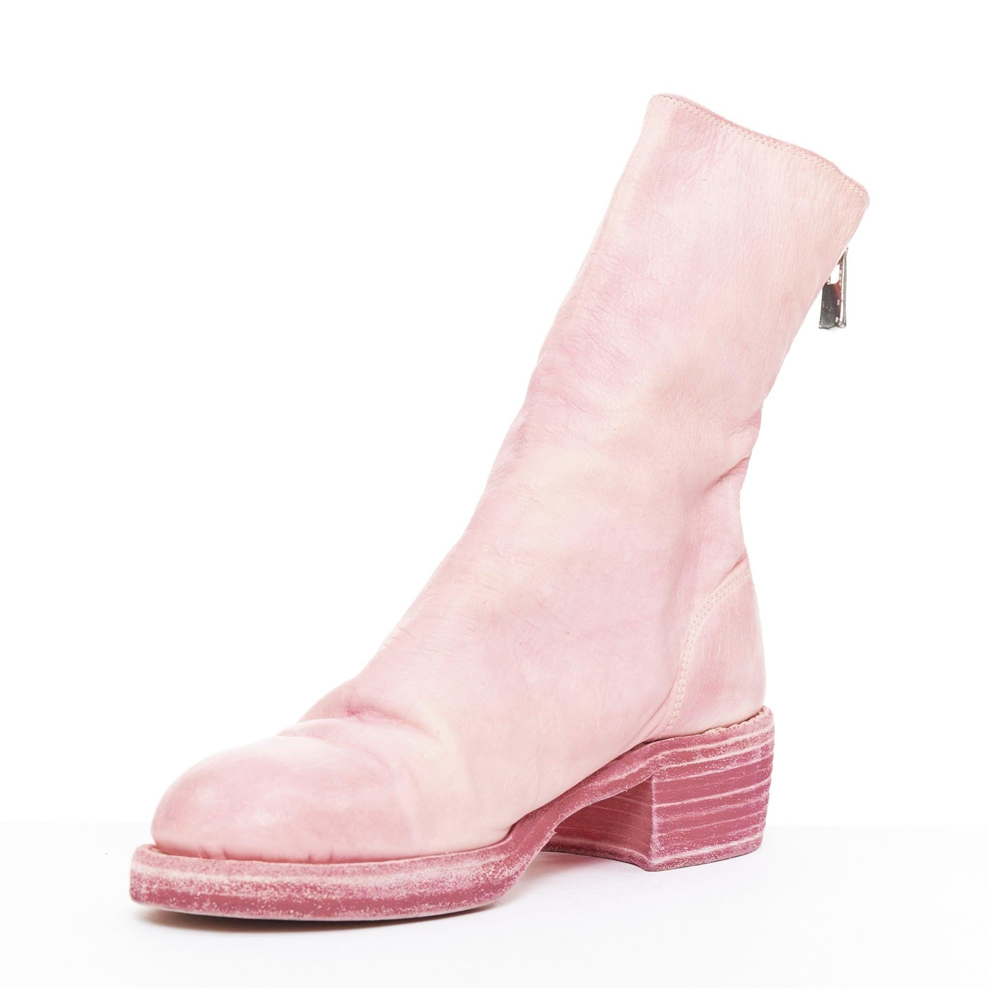 GUIDI Tinte rosa Bubblegum notleidende Leder zurück Reißverschluss Block Stiefel EU37 im Zustand „Gut“ im Angebot in Hong Kong, NT