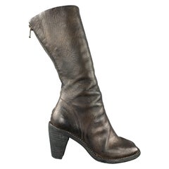 GUIDI Größe 7 Braune Lederstiefel mit Peep Toe aus Pferdeleder mit Absatz