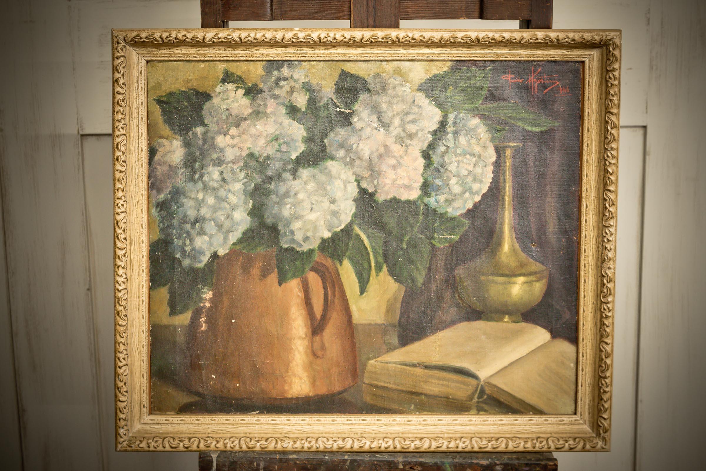 Bellissimo dipinto a olio del 1946 firmato dall'artista italiano Guido Agostini incorniciato in una cornice di legno dipinta in oro.
