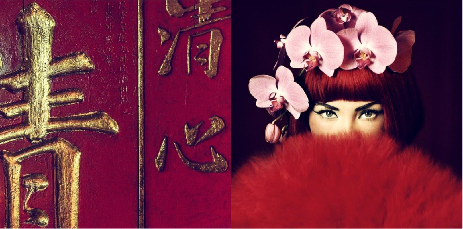 Guido Argentini Portrait Photograph - A subtle love - chines letters and red wig with orchidee in it