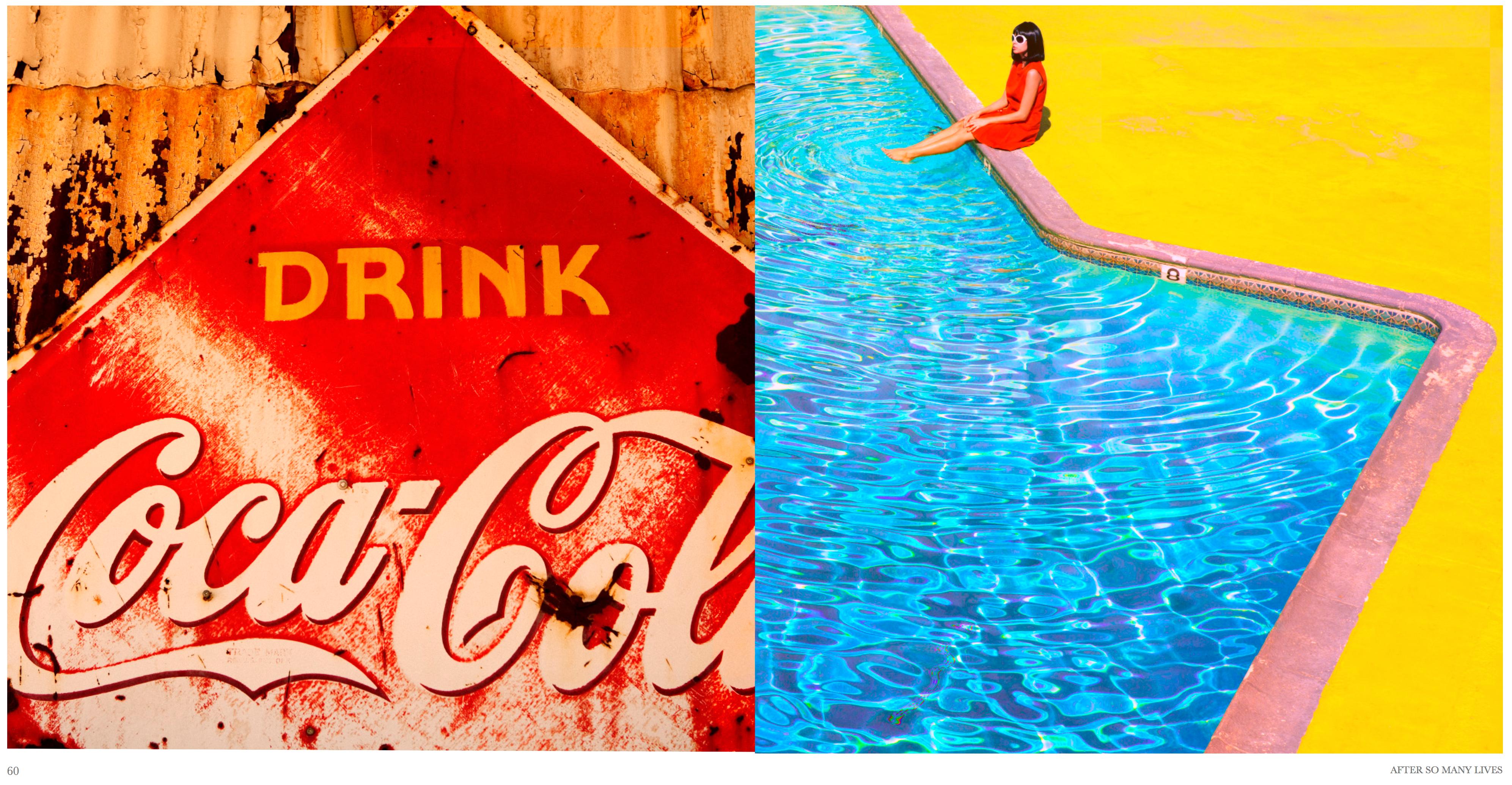 Guido Argentini Still-Life Photograph - After so many lives - diptych coca cola and woman sitting at the pool yellow red