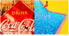 After so many lives - diptych coca cola and woman sitting at the pool yellow red