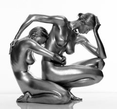 Demeter and Persephone: 2 women embracing each other, naked, silver skin overall