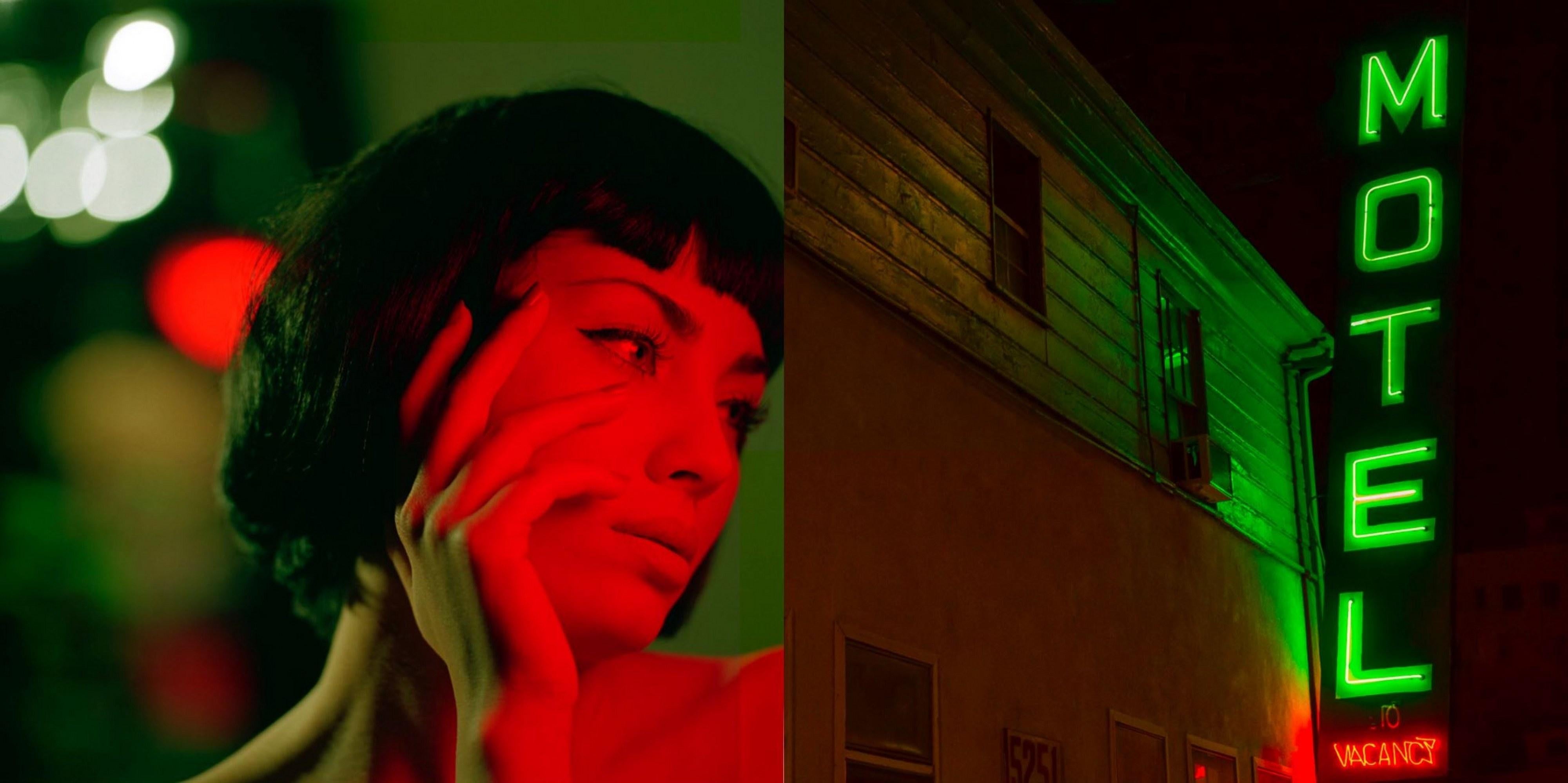 Guido Argentini Portrait Photograph - Diptych: Sleepless nights - portrait model with black hair and motel neon sign