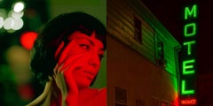 Diptych: Sleepless nights - portrait model with black hair and motel neon sign