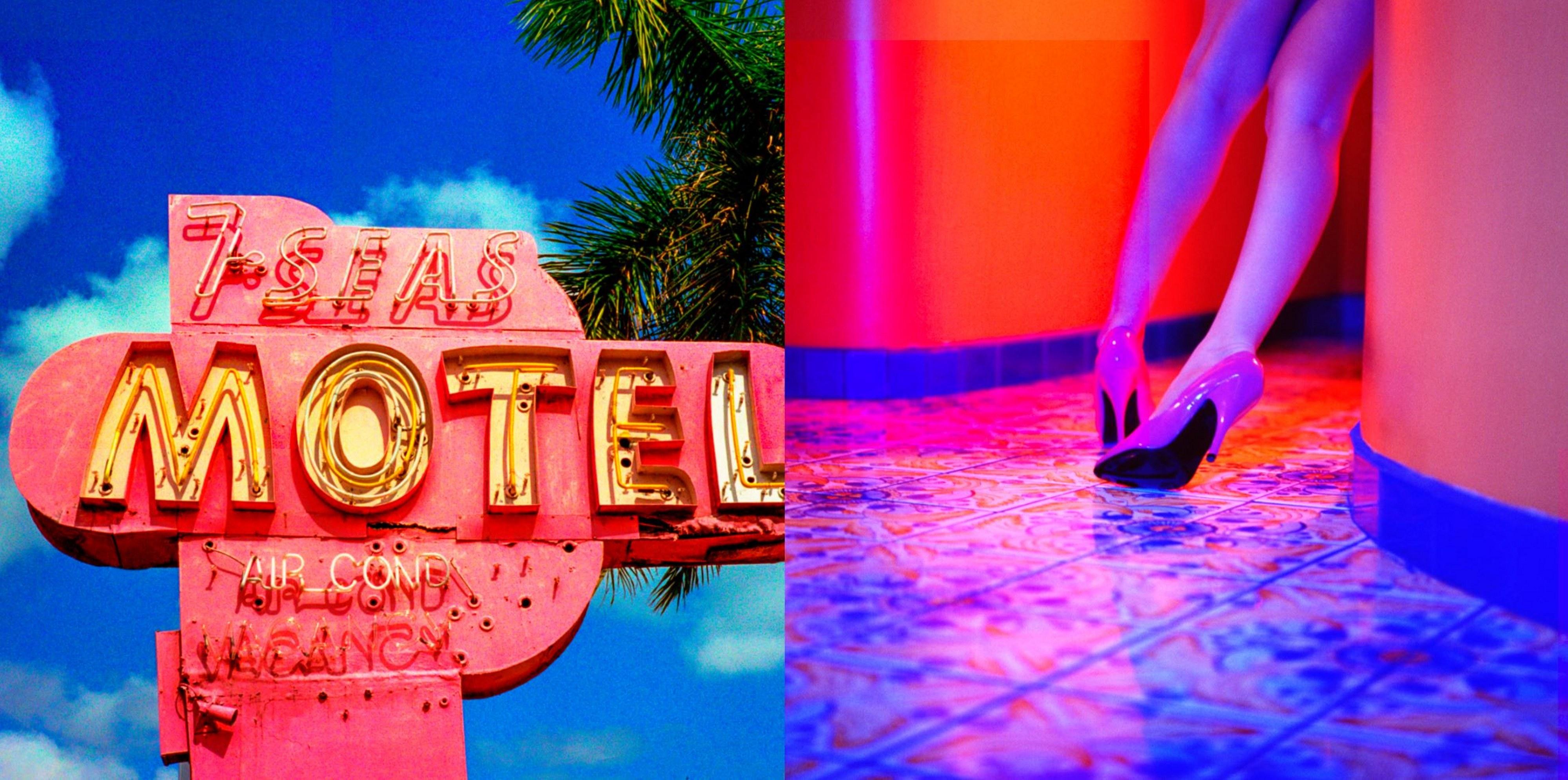 Guido Argentini Color Photograph - Diptych: The umberable lightness - woman with high heels and a motel sign