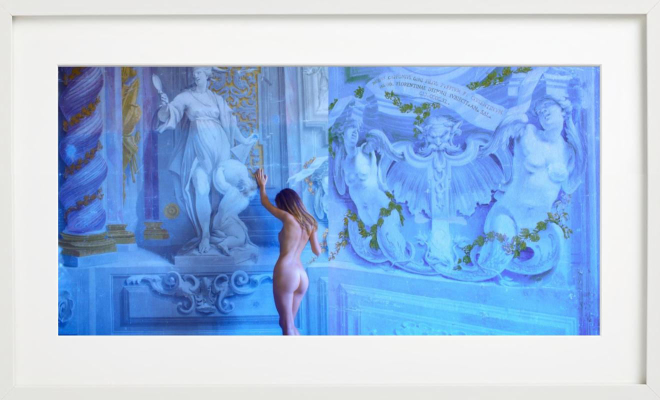 Diptychon: In the depth of me - nude woman in front of wall sculptures - Blue Nude Photograph by Guido Argentini