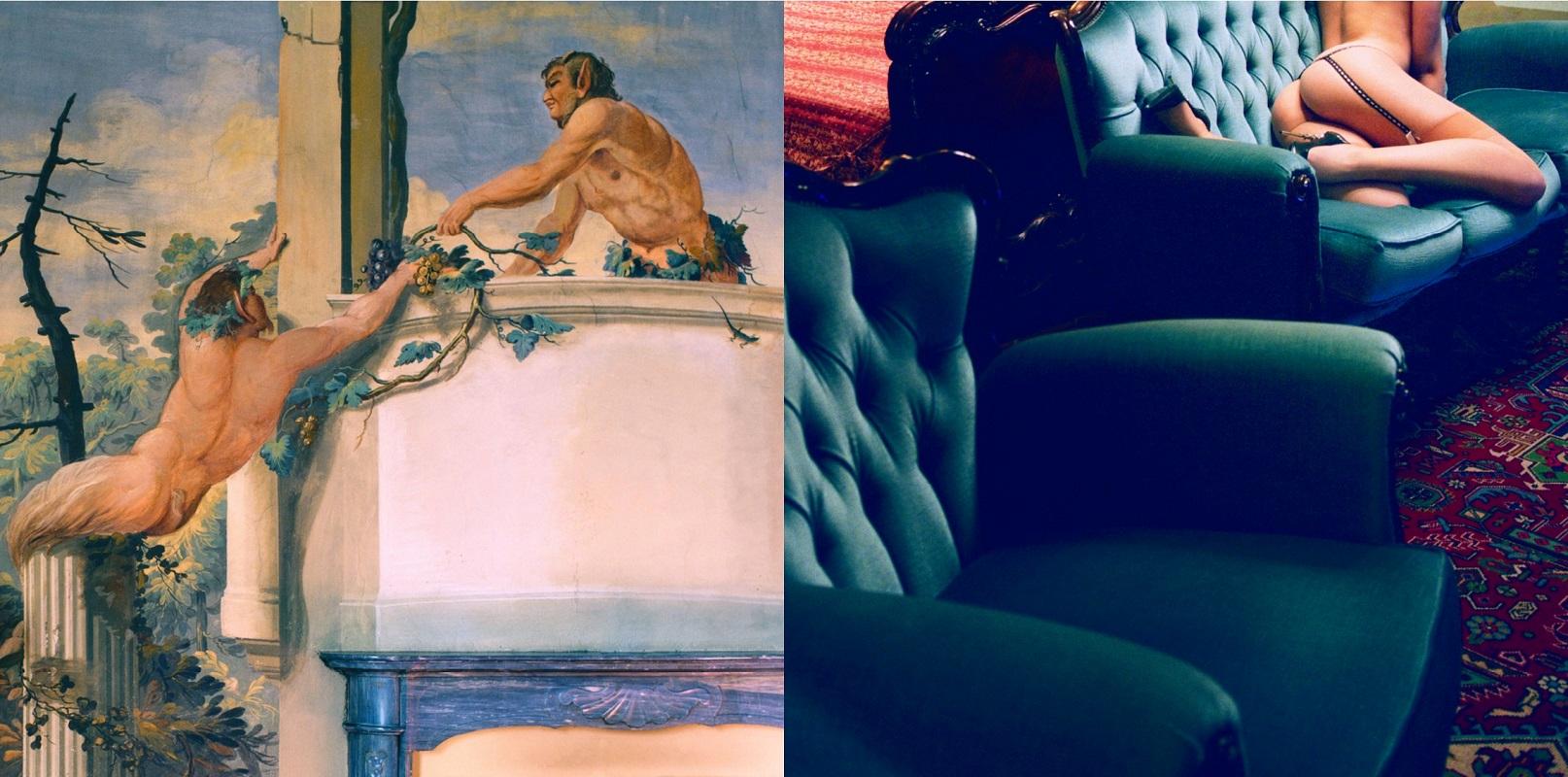 Guido Argentini Color Photograph – Diptychon: Vorlude zur Liebe, nackte Frau auf Sofa mit Absätzen und Malerei 