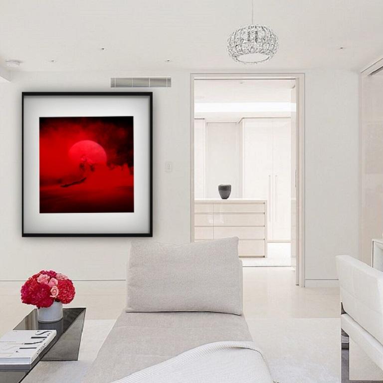 Giulia and Red Smoke - nude photograph of female model with red background For Sale 1