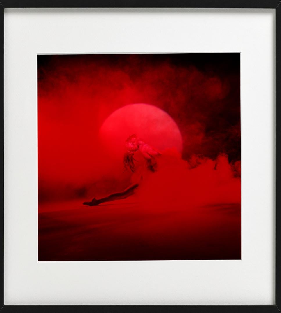Giulia and Red Smoke - nude photograph of female model with red background For Sale 2