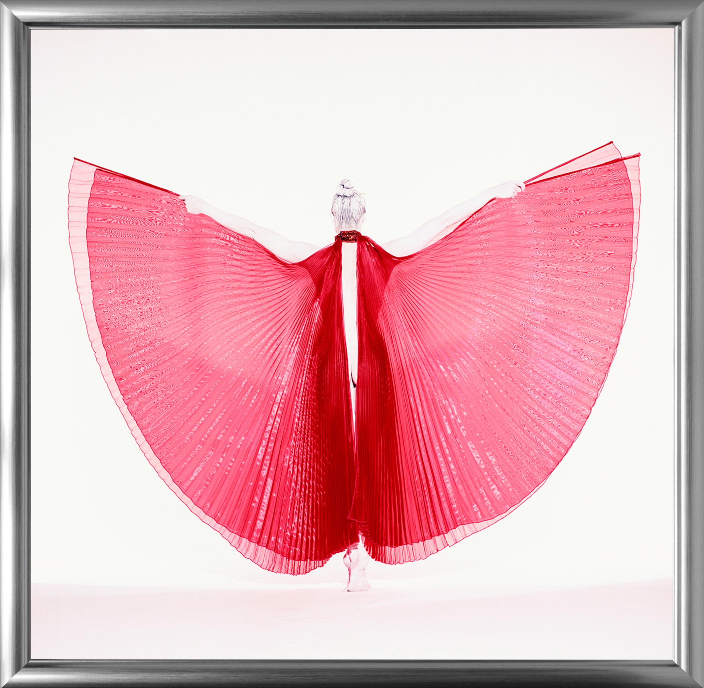 Giulia als Schmetterling – Aktfotografie eines weiblichen Modells mit rotem Hintergrund (Rot), Nude Photograph, von Guido Argentini