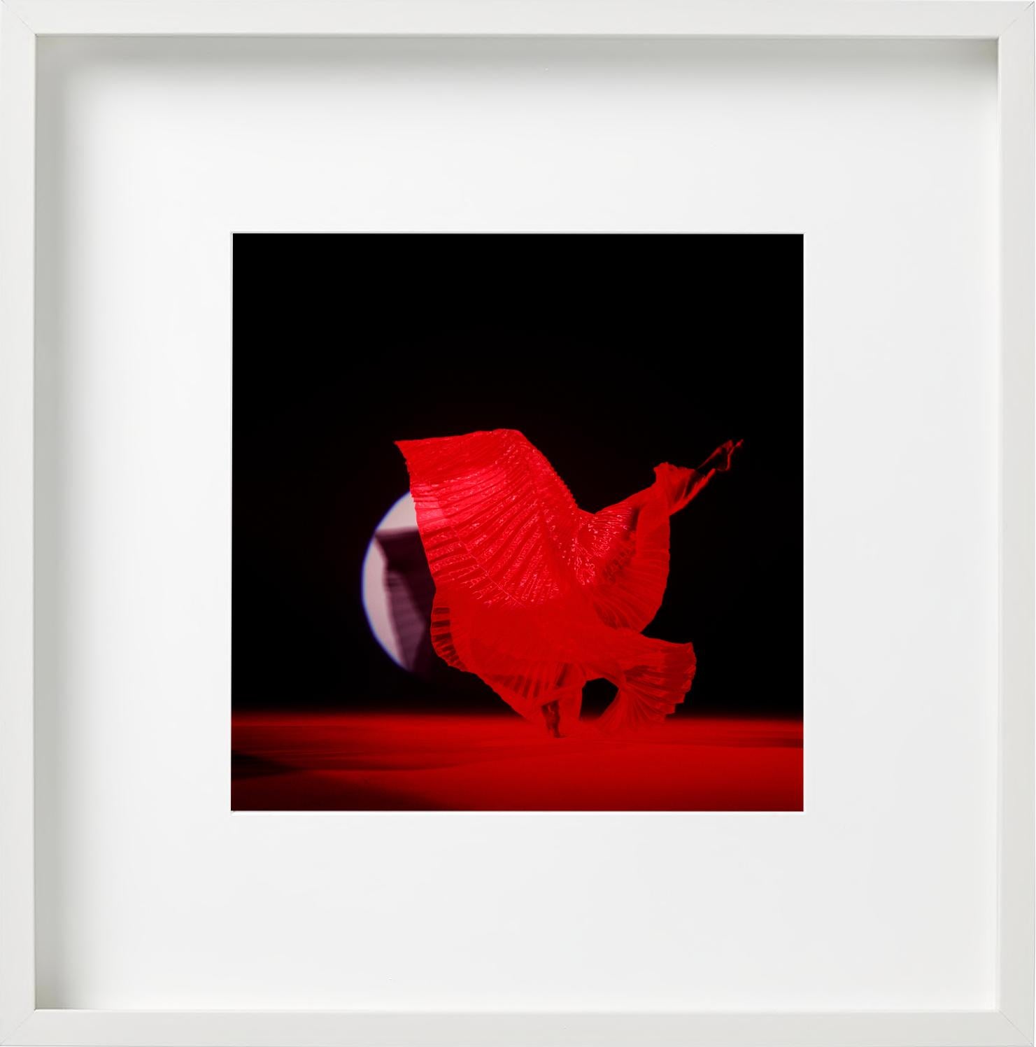 Giulia mit roten Flügeln – nacktes Foto eines weiblichen Models mit rotem Hintergrund – Photograph von Guido Argentini