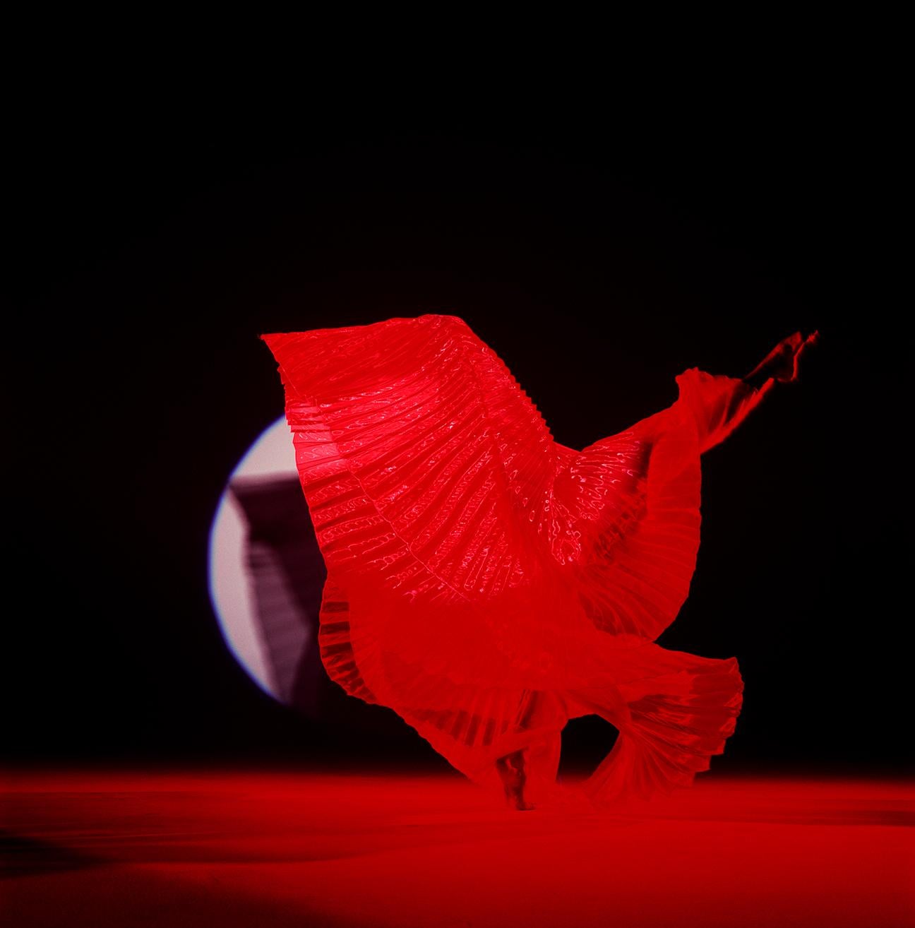Guido Argentini Nude Photograph – Giulia mit roten Flügeln – nacktes Foto eines weiblichen Models mit rotem Hintergrund