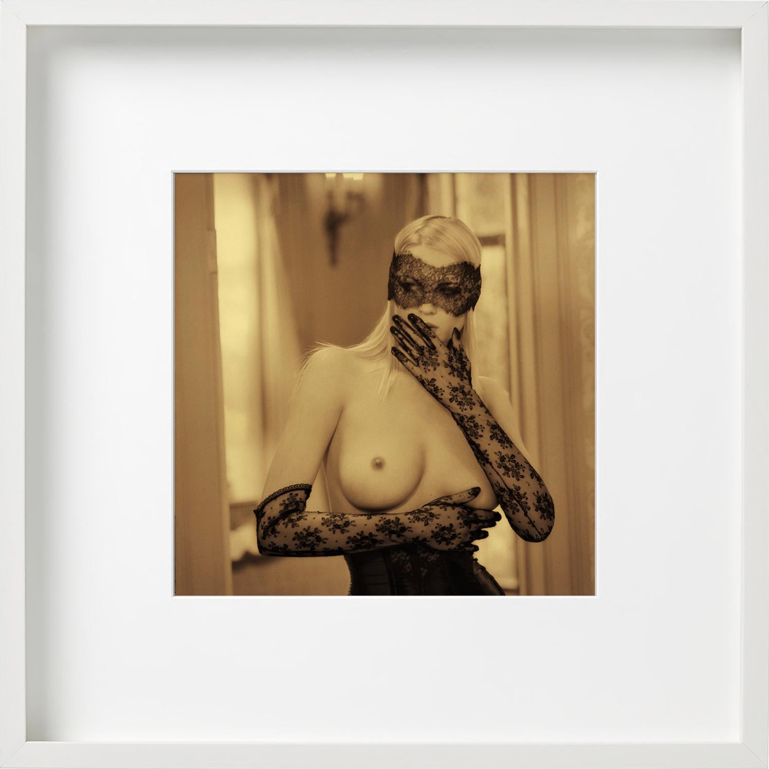 Golden Nude I - Irina in black lace gloves and mask, fine art photography, 1993 - Photograph by Guido Argentini