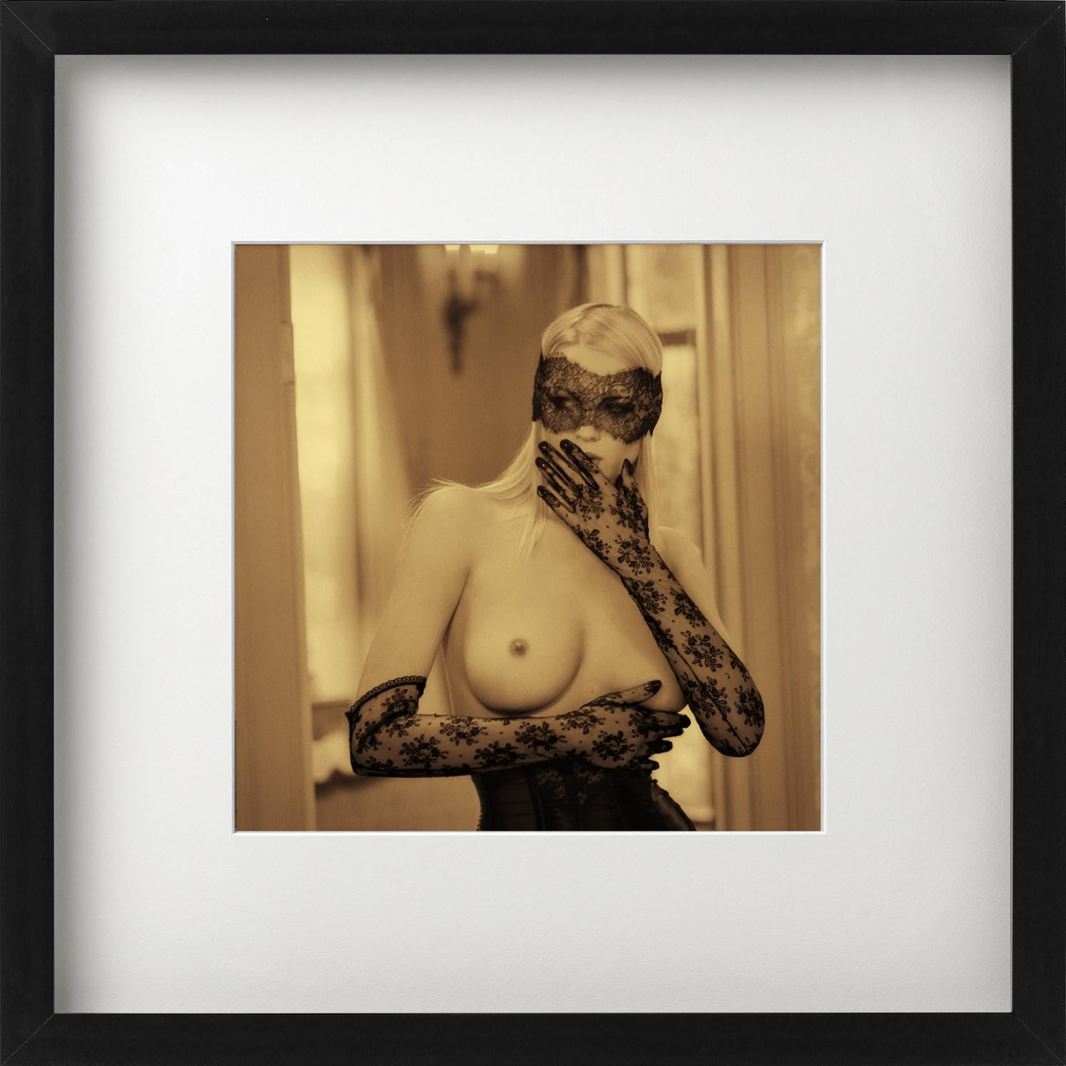 Golden Nude I - Irina in black lace gloves and mask, fine art photography, 1993 - Brown Color Photograph by Guido Argentini