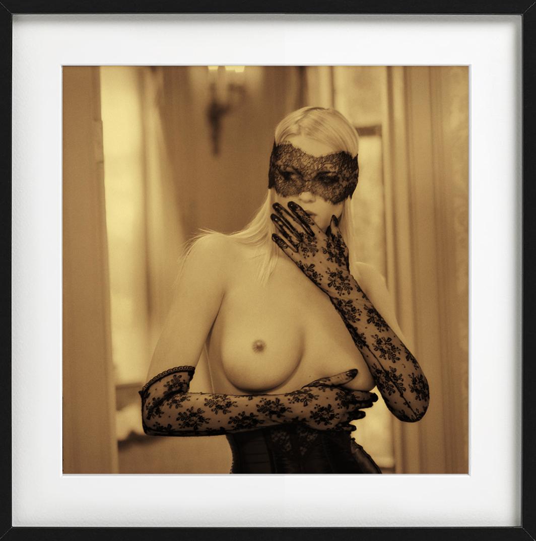 Golden Nude I - Irina in black lace gloves and mask, fine art photography, 1993 For Sale 2
