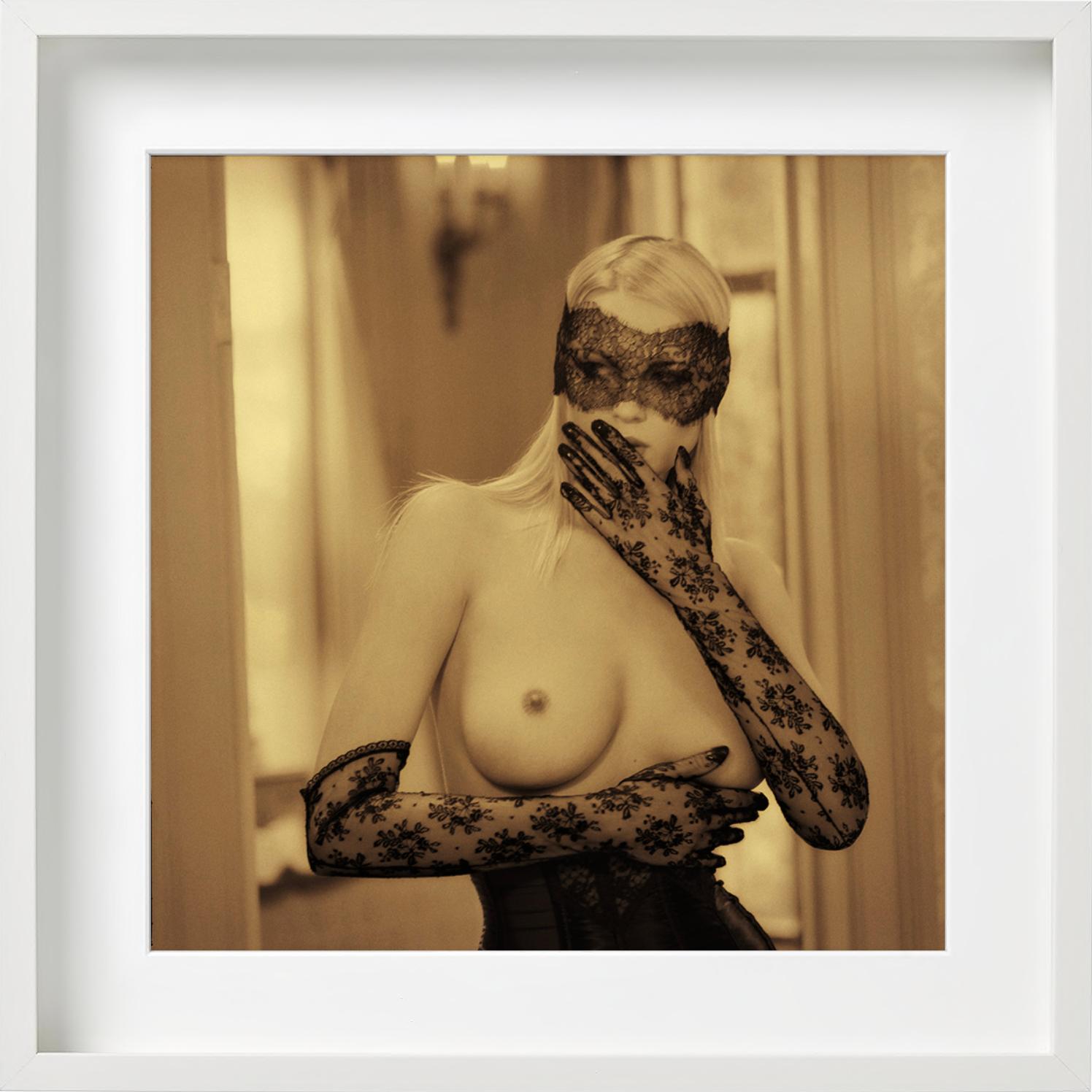 Golden Nude I - Irina in black lace gloves and mask, fine art photography, 1993 For Sale 3