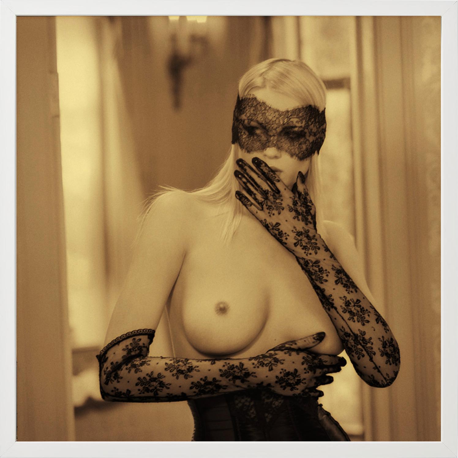 Golden Nude I - Irina in black lace gloves and mask, fine art photography, 1993 For Sale 4