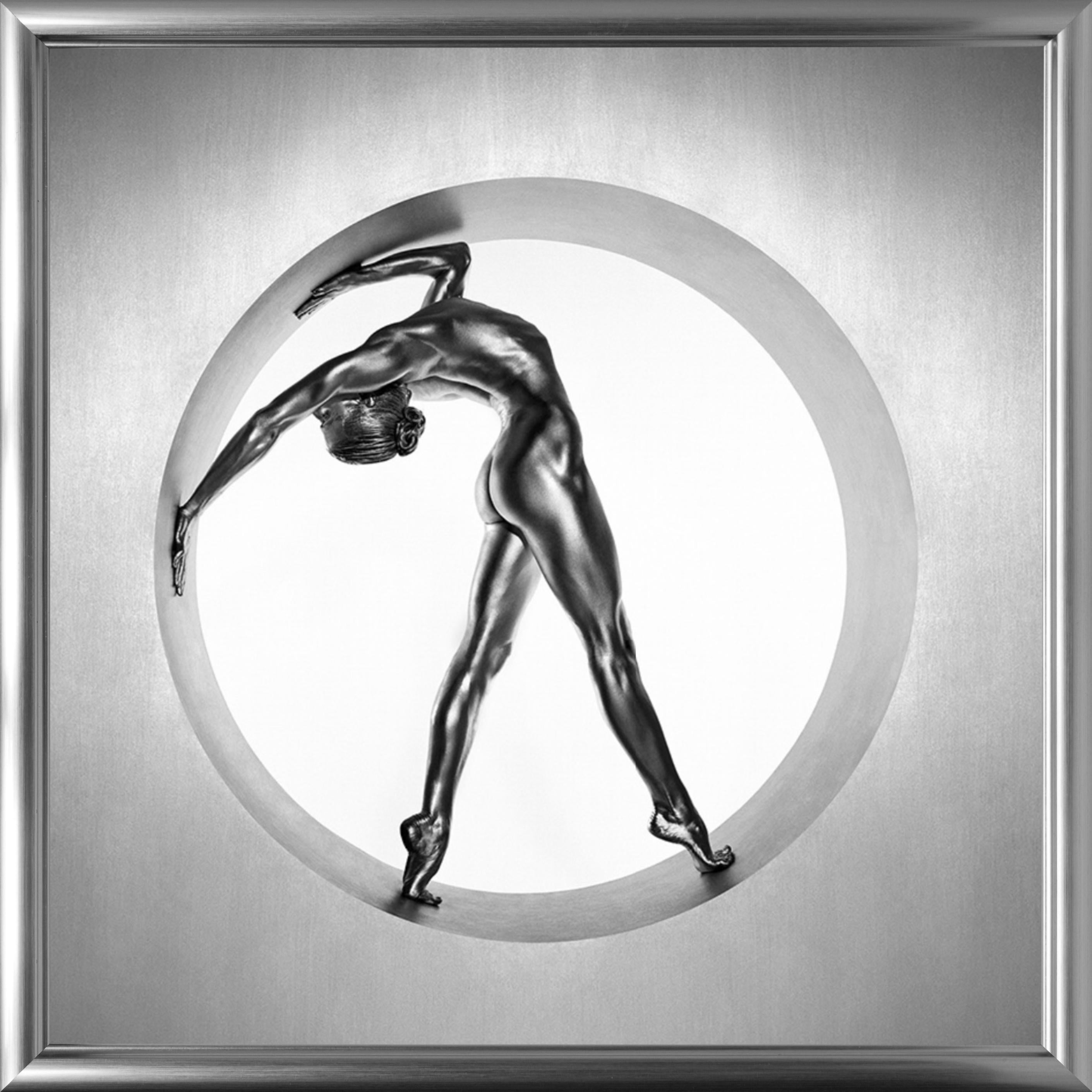 Heimarmene - A female dancer bending, painted silver, fine art photography, 1995 For Sale 2