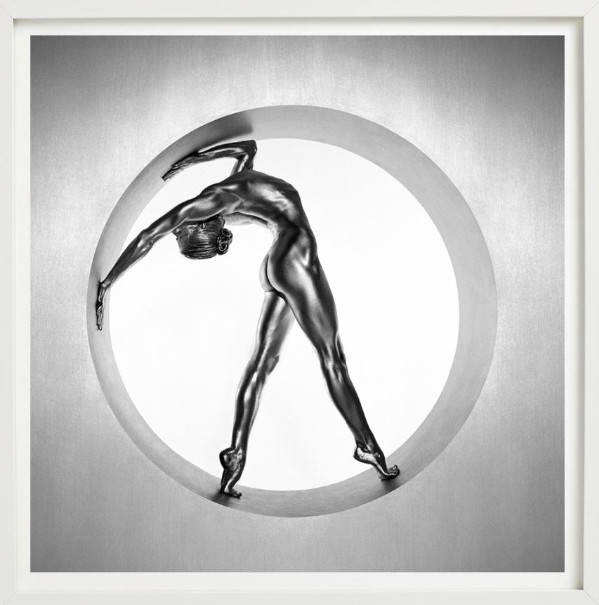 Heimarmene - A female dancer bending, painted silver, fine art photography, 1995 For Sale 1