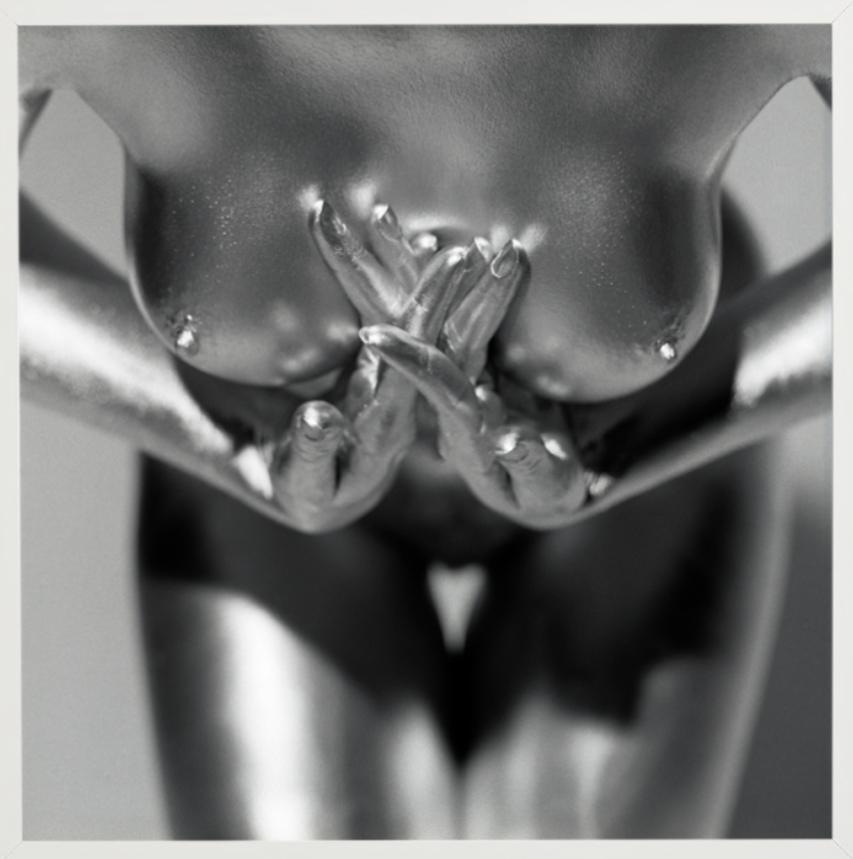 Kali - close-up of a model's silver-painted chest, fine art photography, 1995 - Gray Color Photograph by Guido Argentini