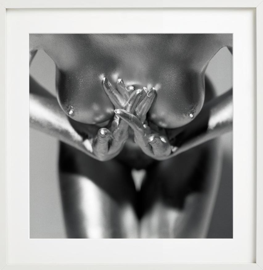 Kali - close-up of a model's silver-painted chest, fine art photography, 1995 For Sale 1