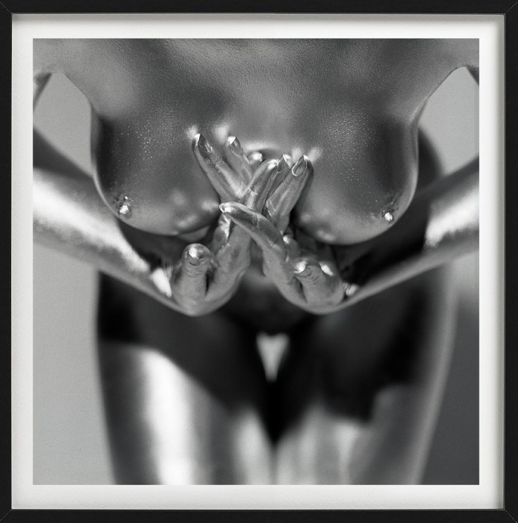 Kali - close-up of a model's silver-painted chest, fine art photography, 1995 For Sale 2