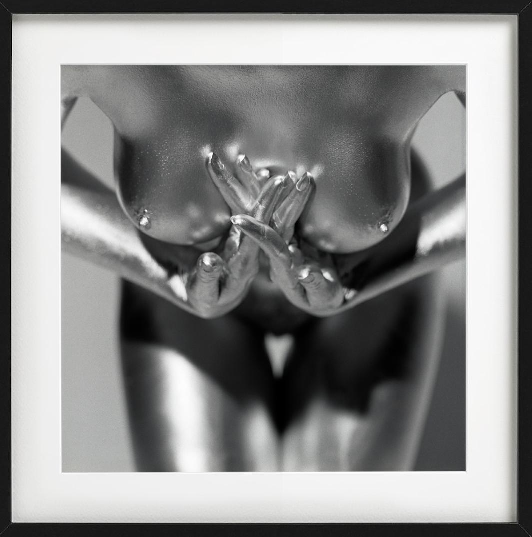 Kali - close-up of a model's silver-painted chest, fine art photography, 1995 For Sale 5