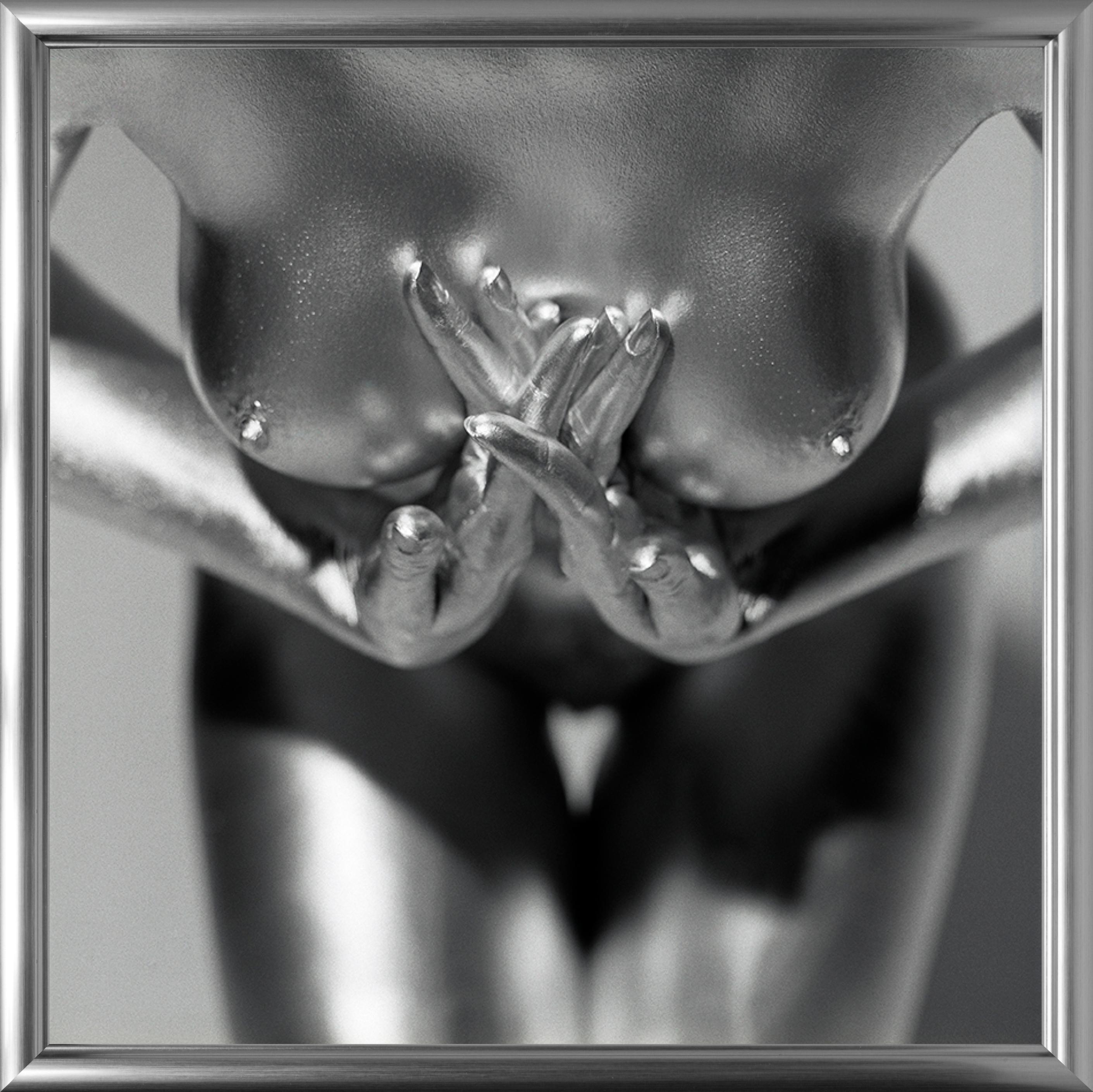 Kali - close-up of a model's silver-painted chest, fine art photography, 1995 For Sale 6