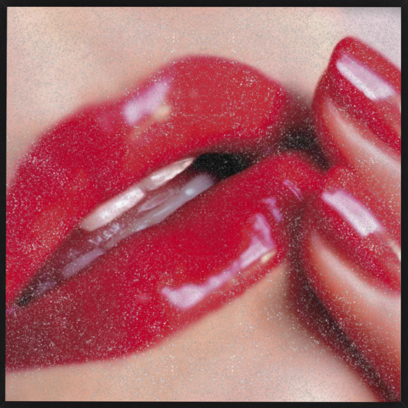 Open to Love Diamond Dust - Close-up of red lips and fingers covered in sparkles - Photograph by Guido Argentini