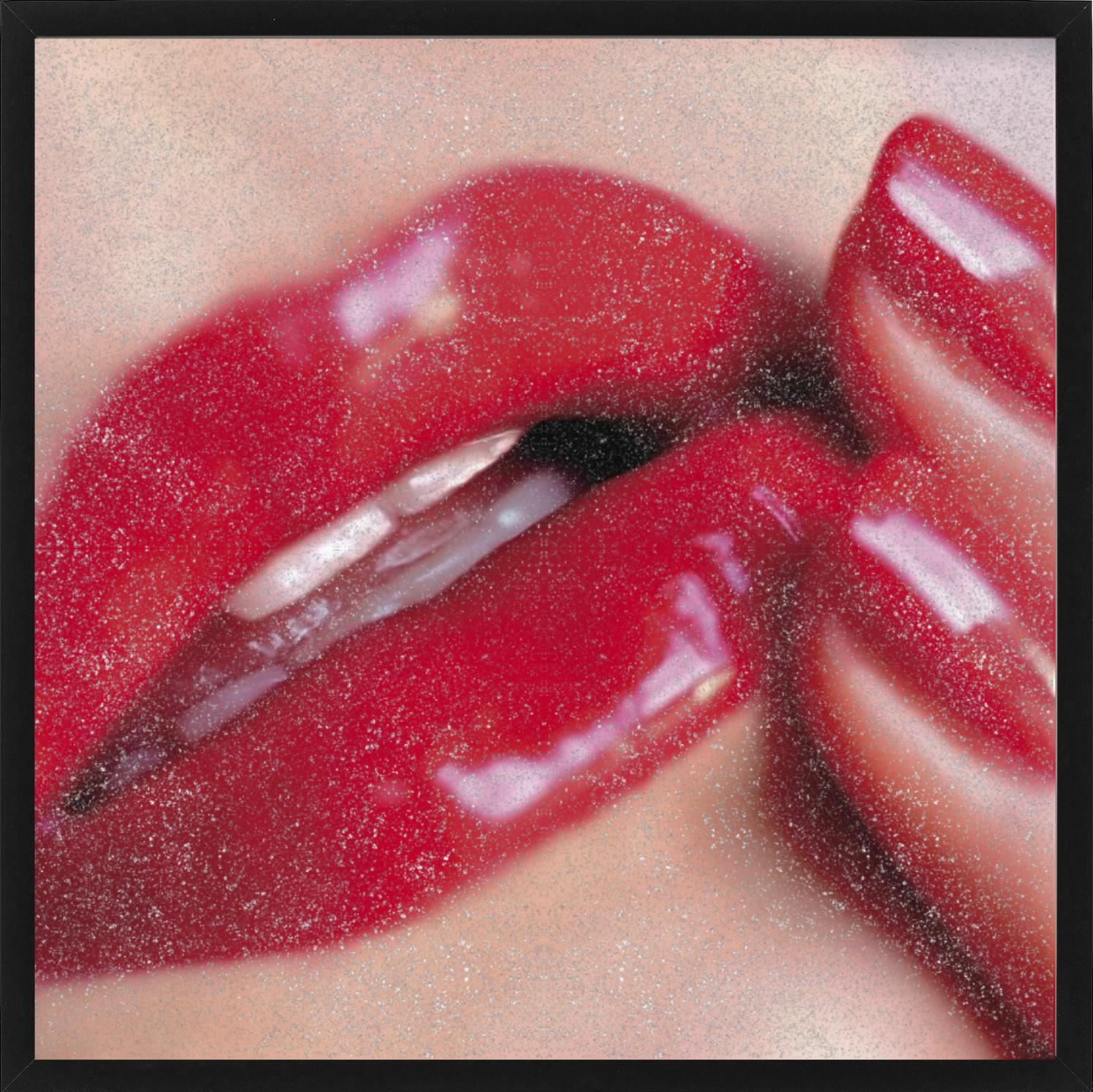 Open to Love Diamond Dust - Close-up of red lips and fingers covered in sparkles - Contemporary Photograph by Guido Argentini