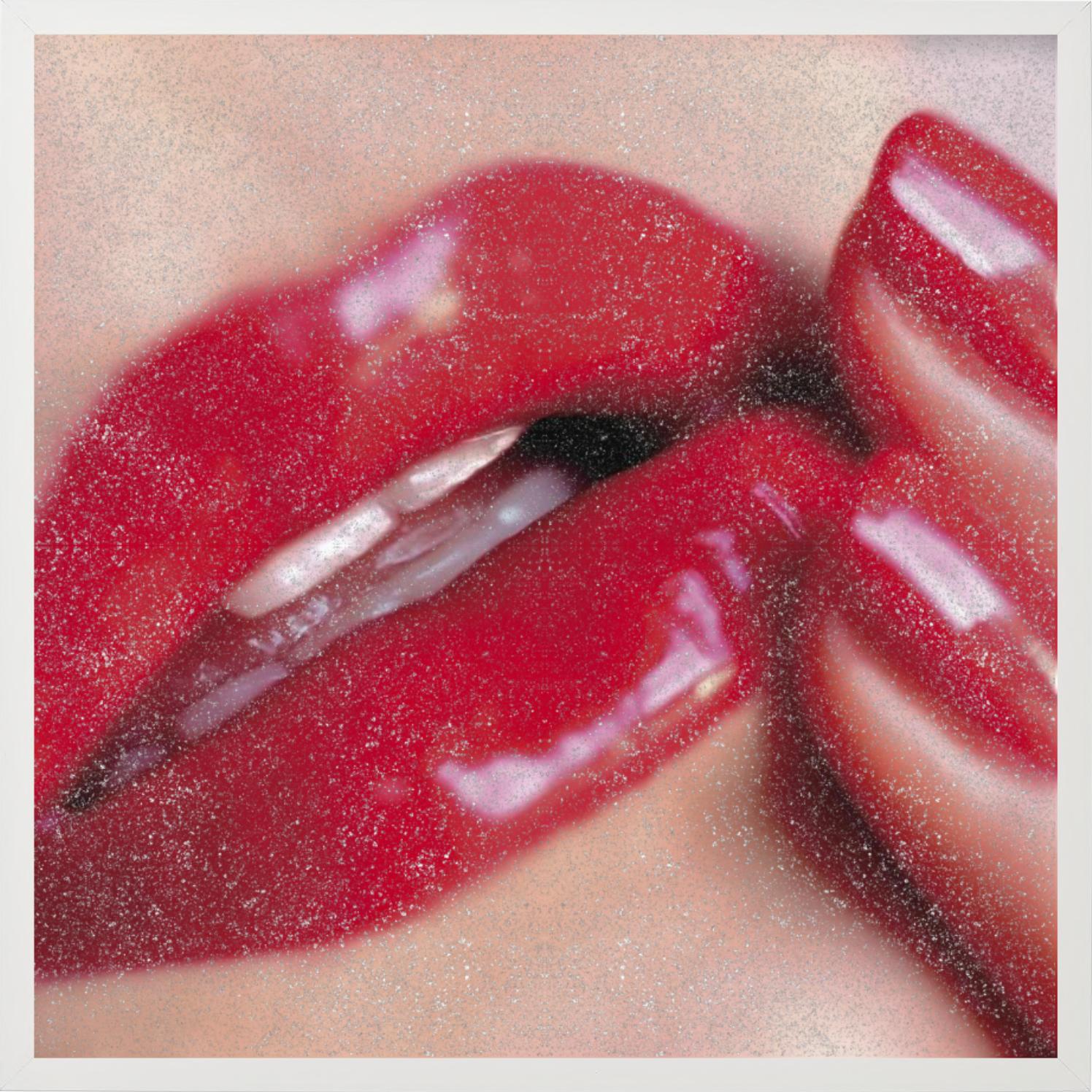 Open to Love Diamond Dust - Close-up of red lips and fingers covered in sparkles For Sale 1
