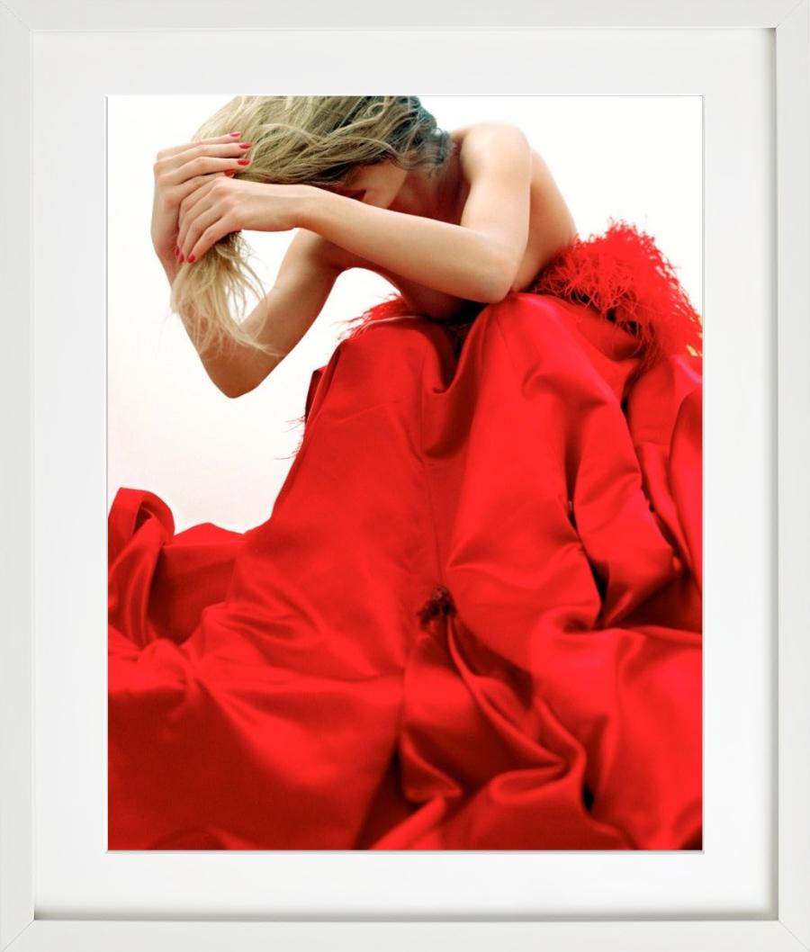 Stand Outside Yourself - woman in red dress bending over, fine art photography - Contemporary Photograph by Guido Argentini