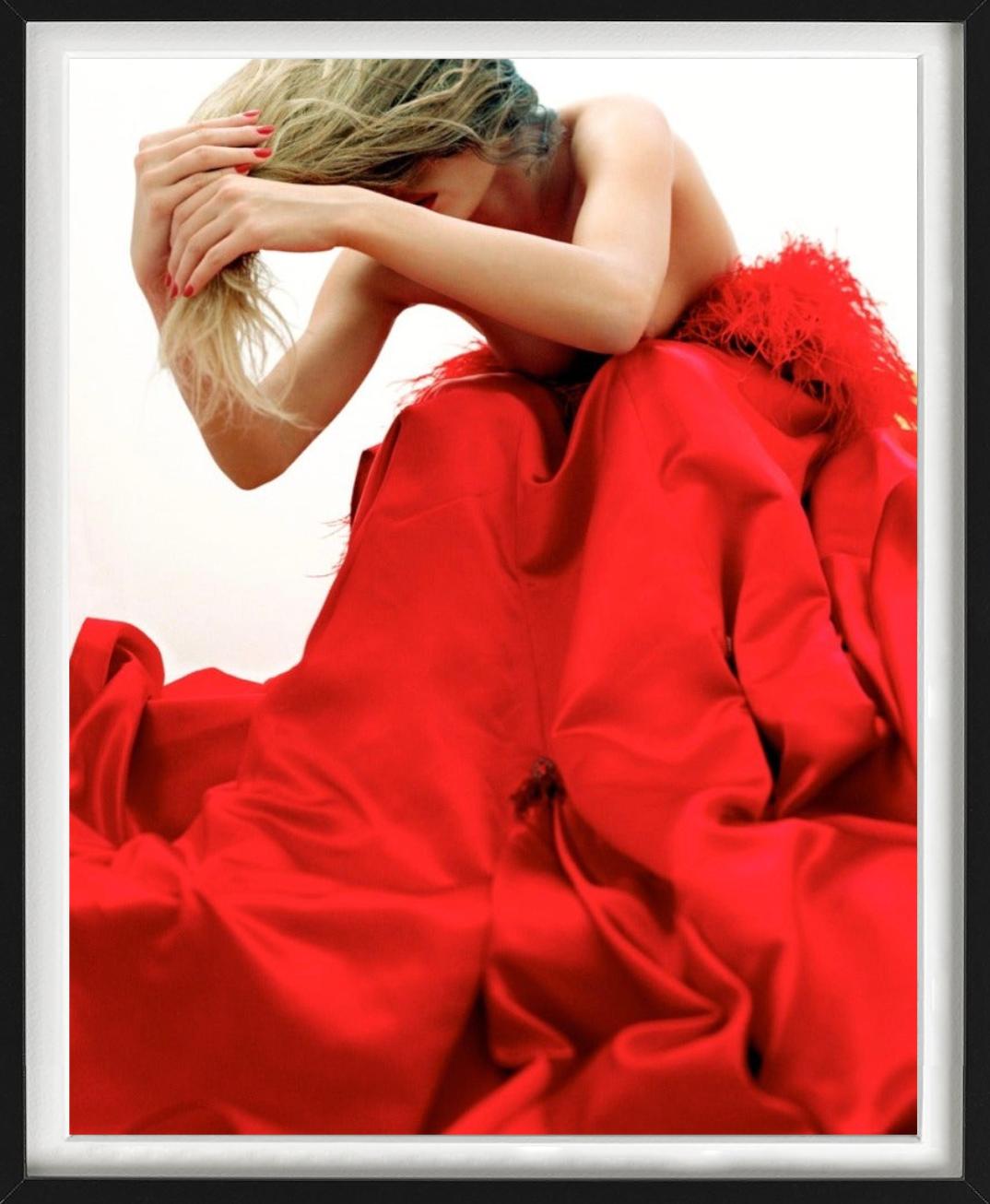 Stand Outside Yourself - woman in red dress bending over, fine art photography For Sale 1