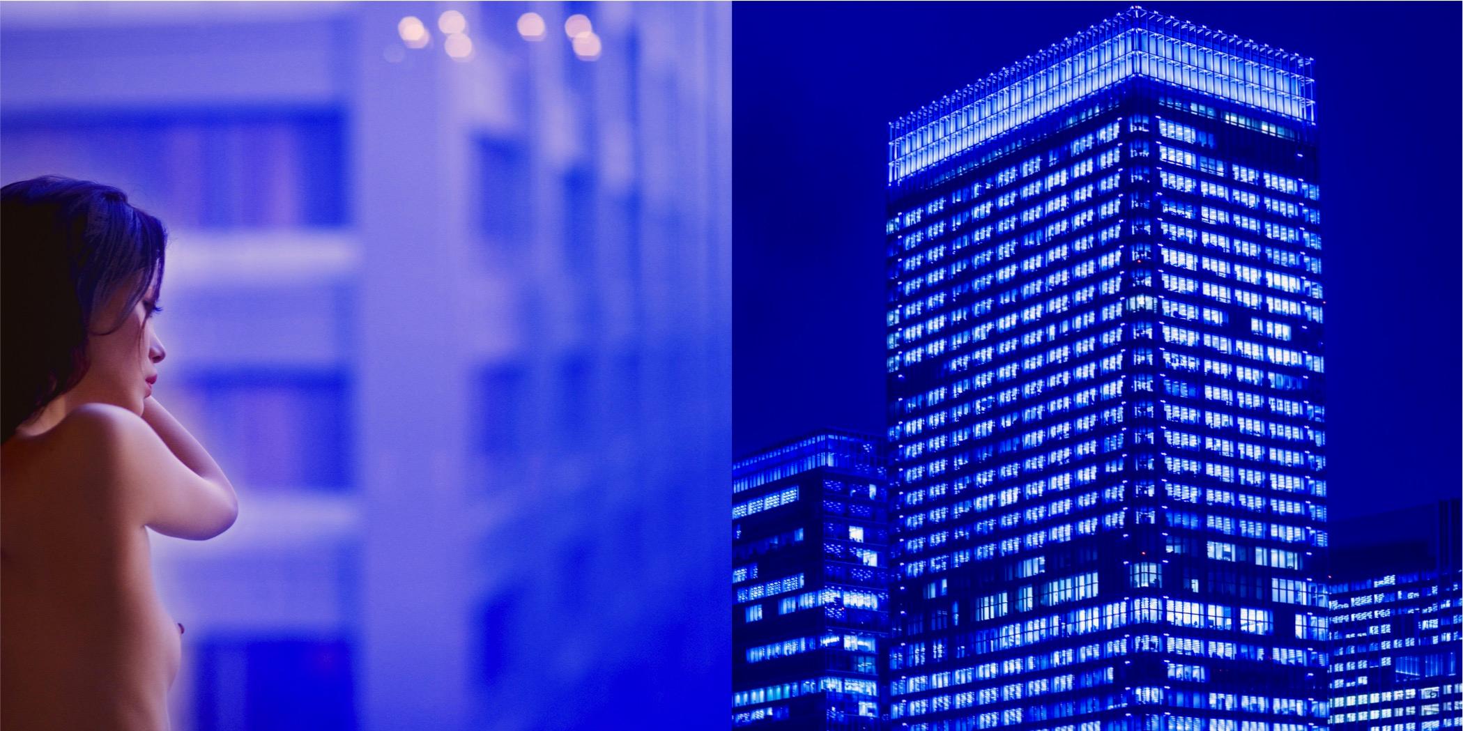 Guido Argentini Color Photograph - Thoughts across the sky - diptych of a nude model and skyscrapers in blue shades