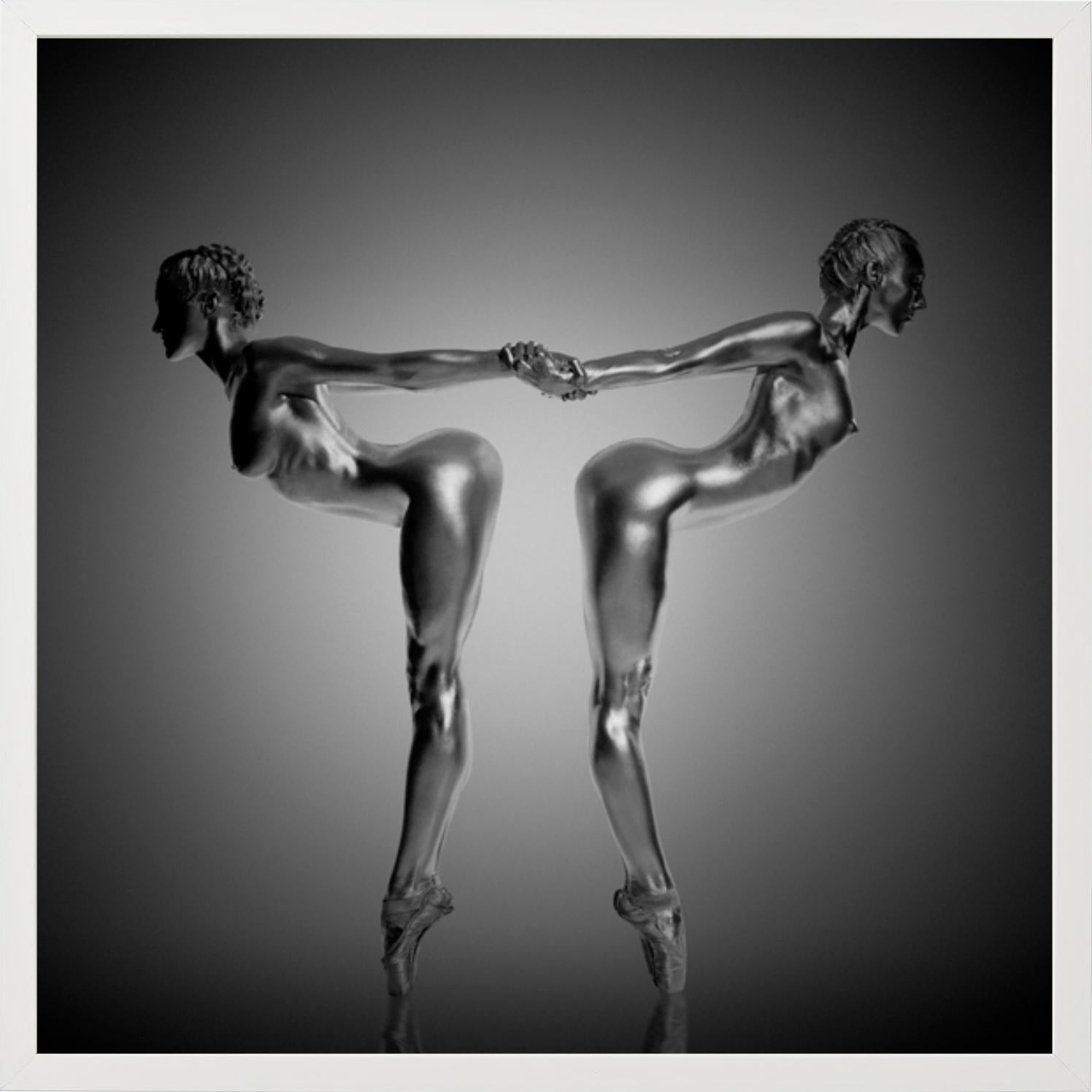 Unity - two silver-painted models in sculptural pose, fine art photography, 2009 For Sale 1