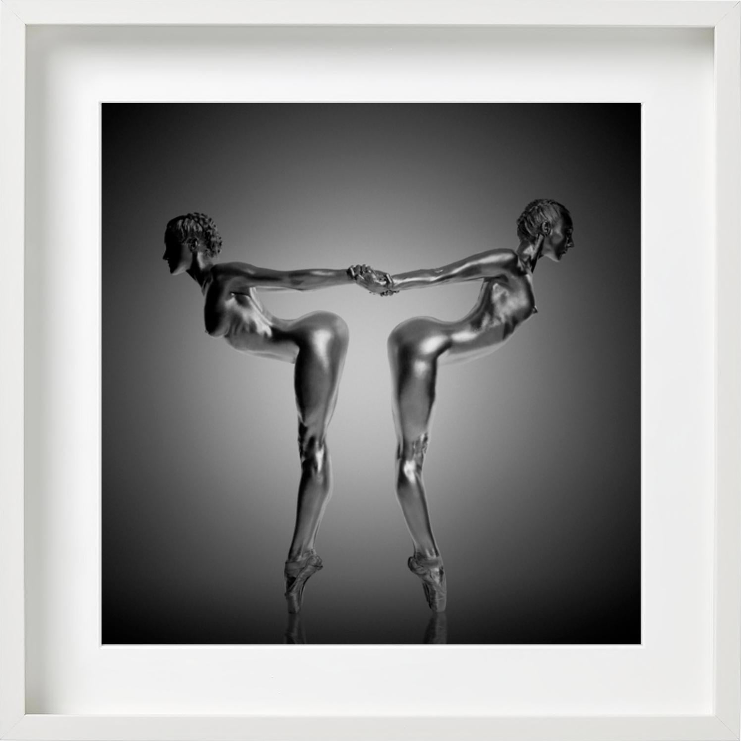 Unity - two silver-painted models in sculptural pose, fine art photography, 2009 For Sale 2