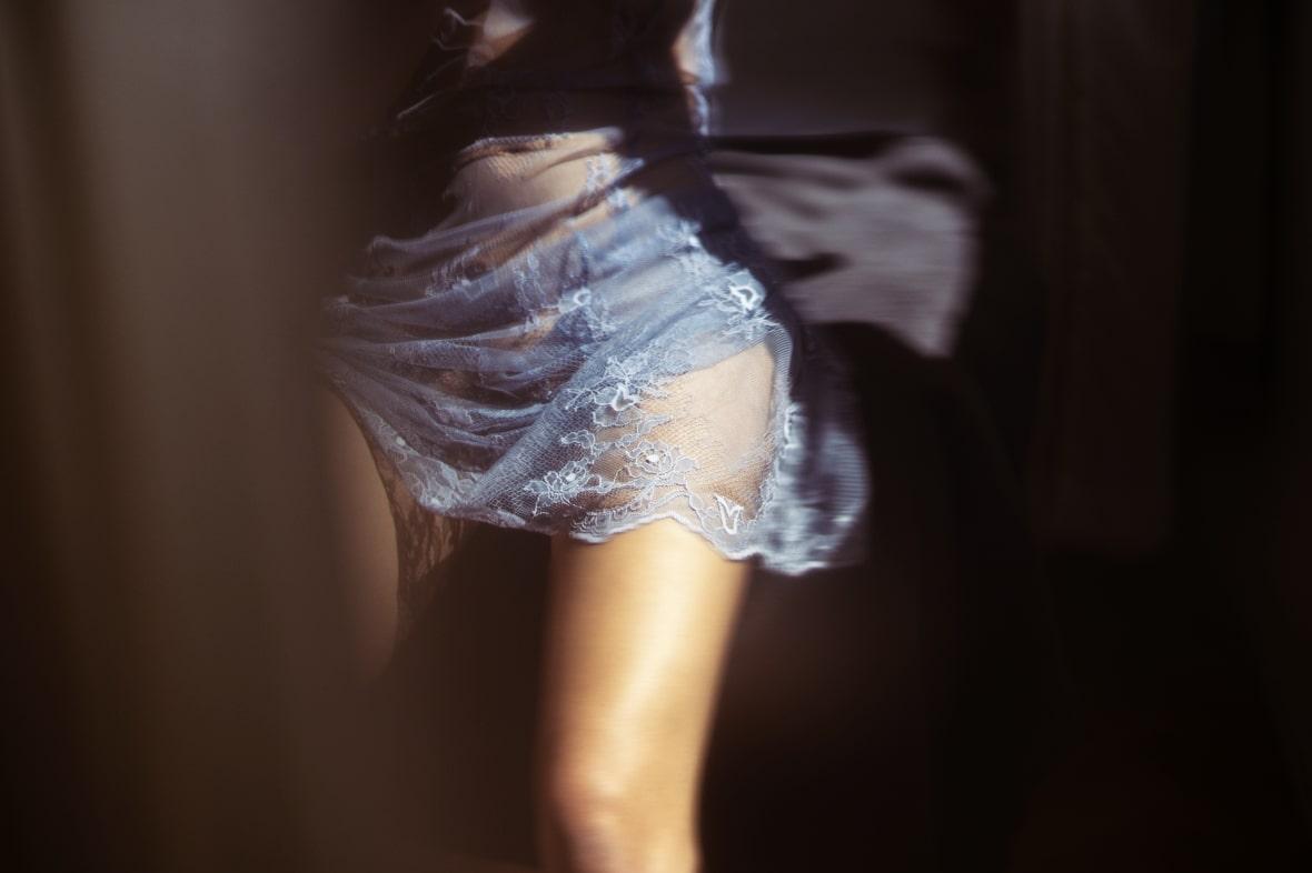 Guido Argentini Color Photograph - Untitled #59 - Model in blue lace skirt, fine art photography, 2024