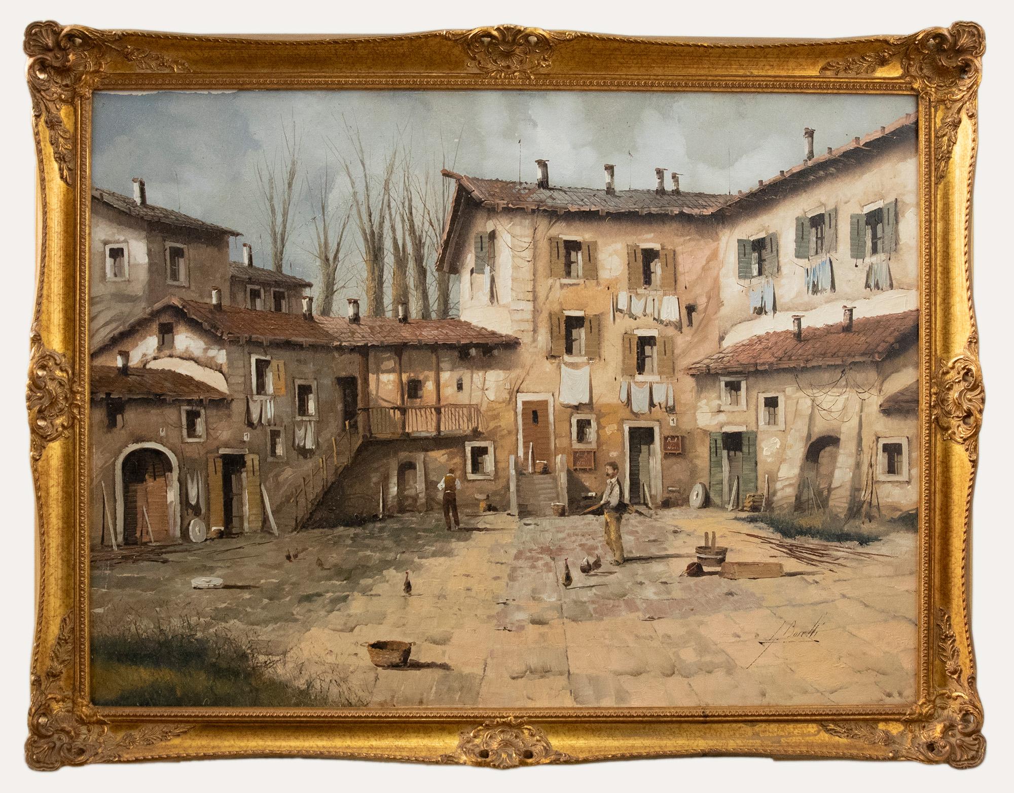 Landscape Painting Guido Borellini - Guido Borelli (né en 1952) - Huile du 20e siècle, La cour italienne