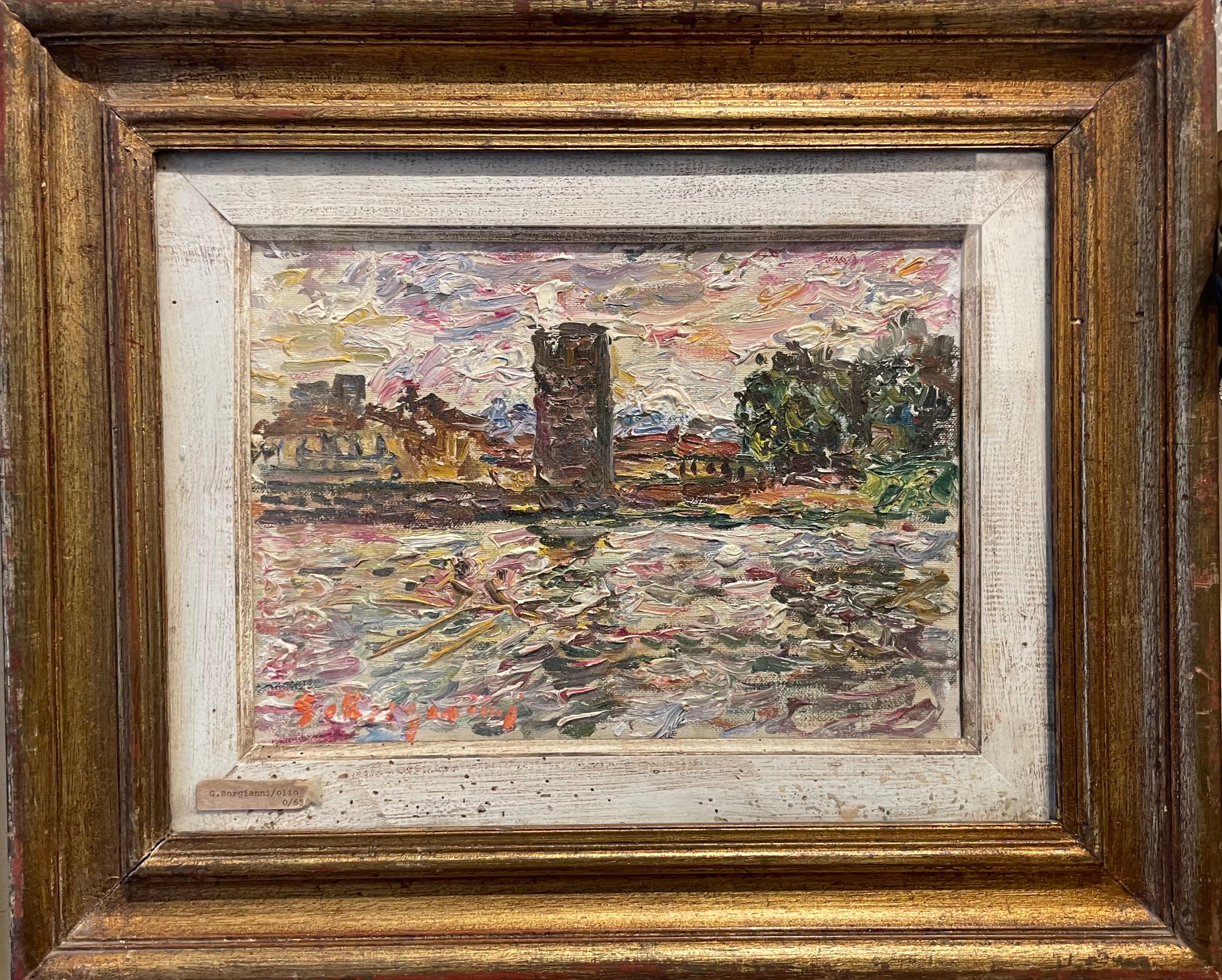 View of Florence with part of medieval walls and river Arno. Guido Borgianni. - Painting by Guido Borgianni 