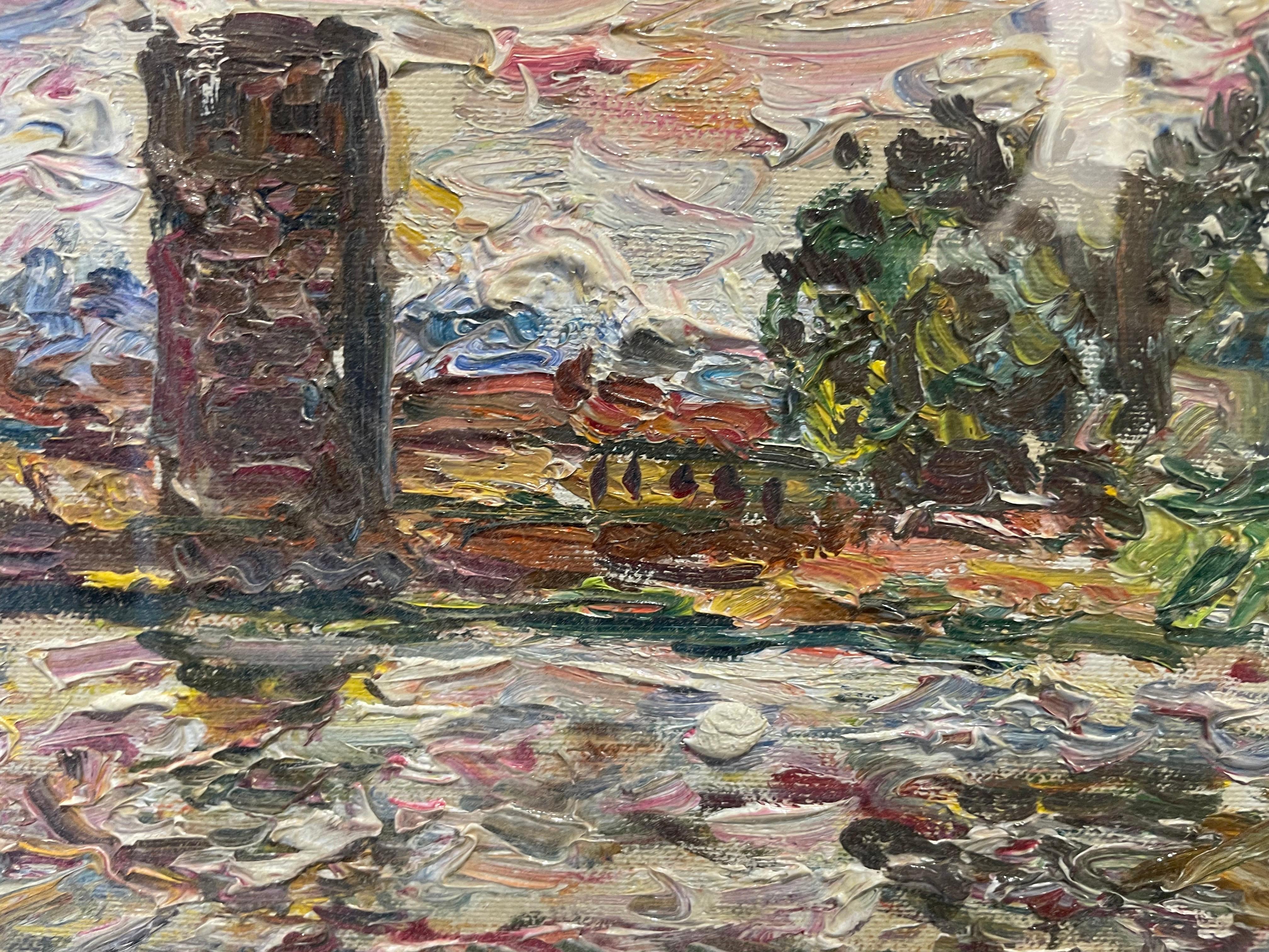 View of Florence with part of medieval walls and river Arno. Guido Borgianni. - Post-Impressionist Painting by Guido Borgianni 